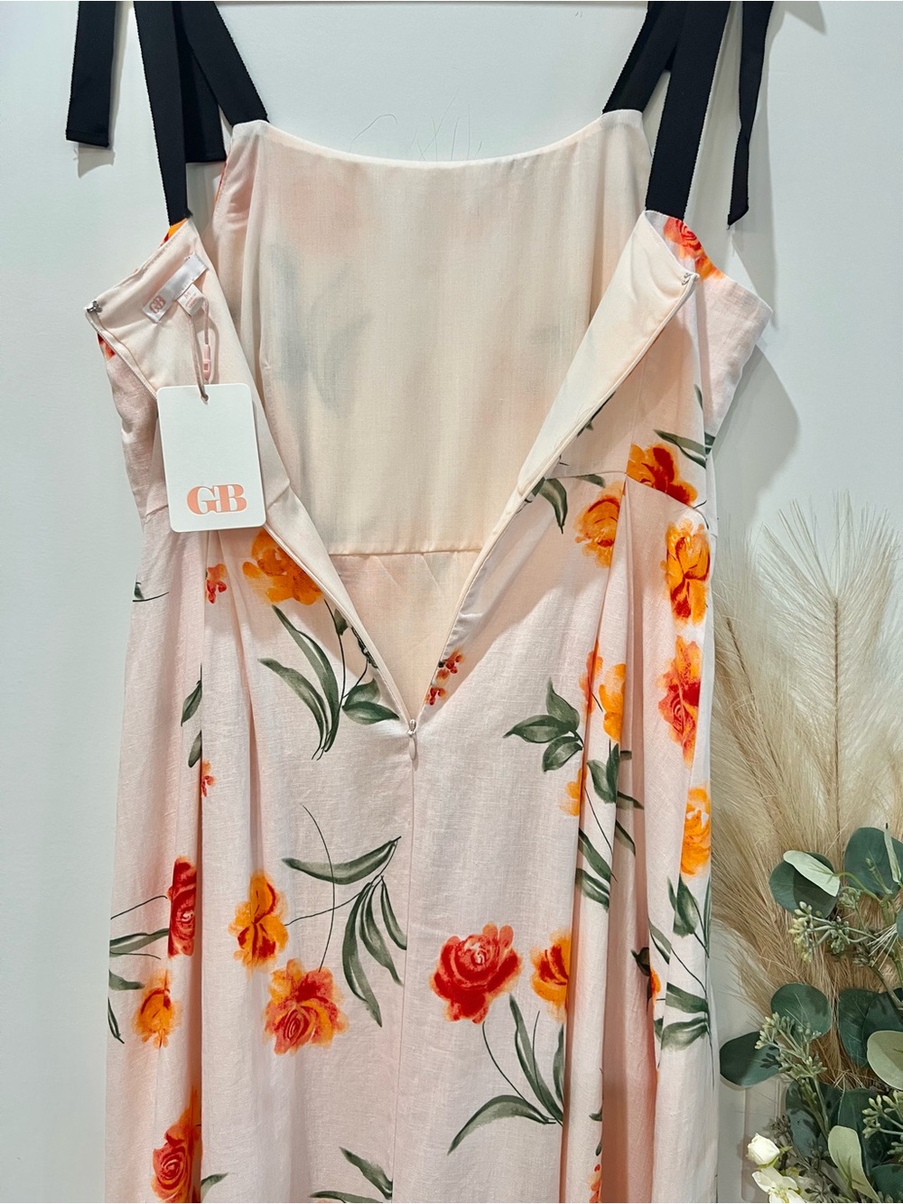 Gianni Bini Blush Maxi Dress with Orange Rose Print and Black Ties - Picture 10 of 14